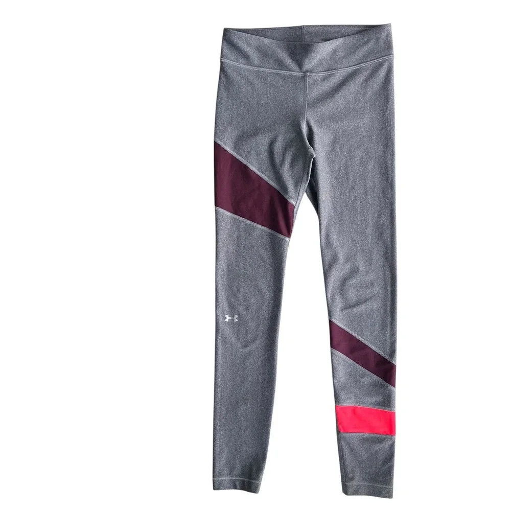 Under Armour HeatGear Women S Gray Coral Purple Stripe Compression Legging Sport